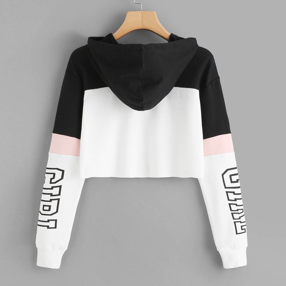 Crop Top Hoodie  Sweatshirt Hoodies Women Patchwork Lett - cas7m