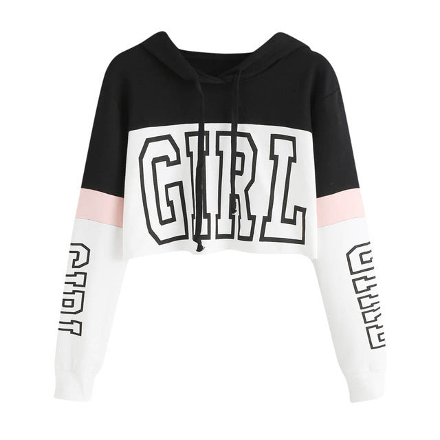 Crop Top Hoodie  Sweatshirt Hoodies Women Patchwork Lett - cas7m