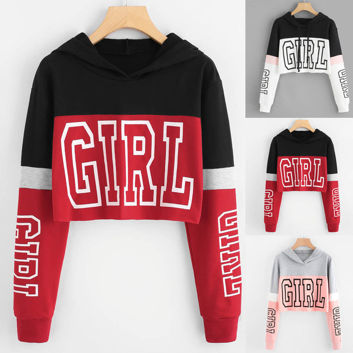 Crop Top Hoodie  Sweatshirt Hoodies Women Patchwork Lett - cas7m