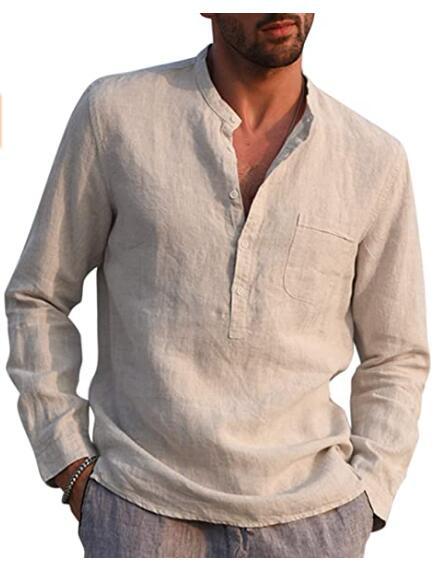 Men's Long Sleeved V Neck Casual Beach Linen Shirt For Men - cas7m