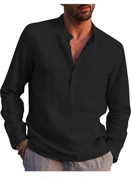 Men's Long Sleeved V Neck Casual Beach Linen Shirt For Men - cas7m