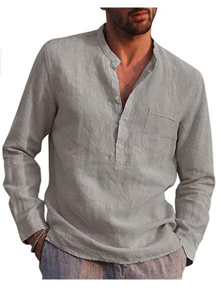 Men's Long Sleeved V Neck Casual Beach Linen Shirt For Men - cas7m