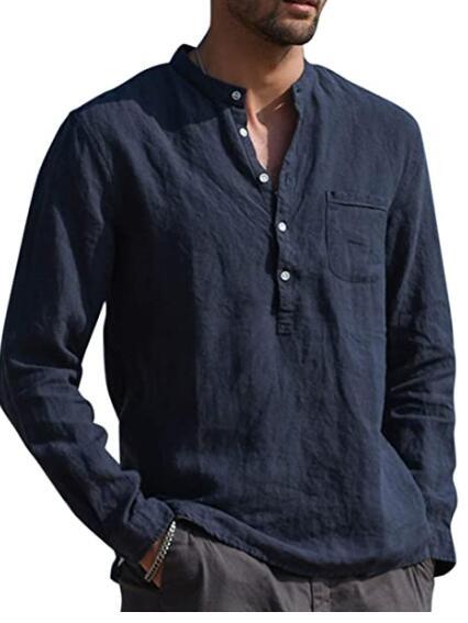 Men's Long Sleeved V Neck Casual Beach Linen Shirt For Men - cas7m