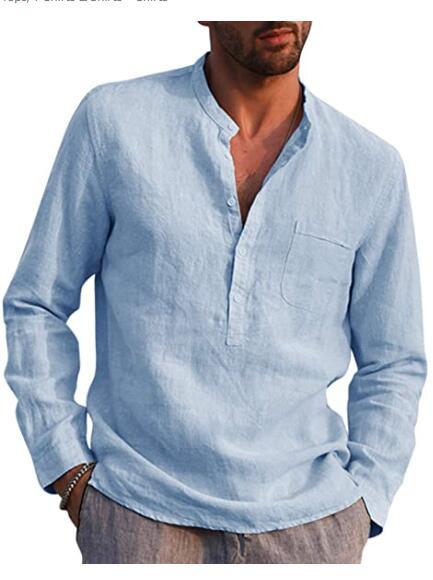 Men's Long Sleeved V Neck Casual Beach Linen Shirt For Men - cas7m