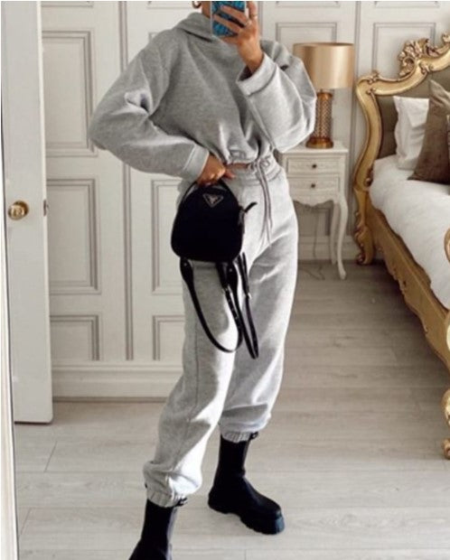 Pure Color Drawstring Fashion Hooded Sweater Set - cas7m