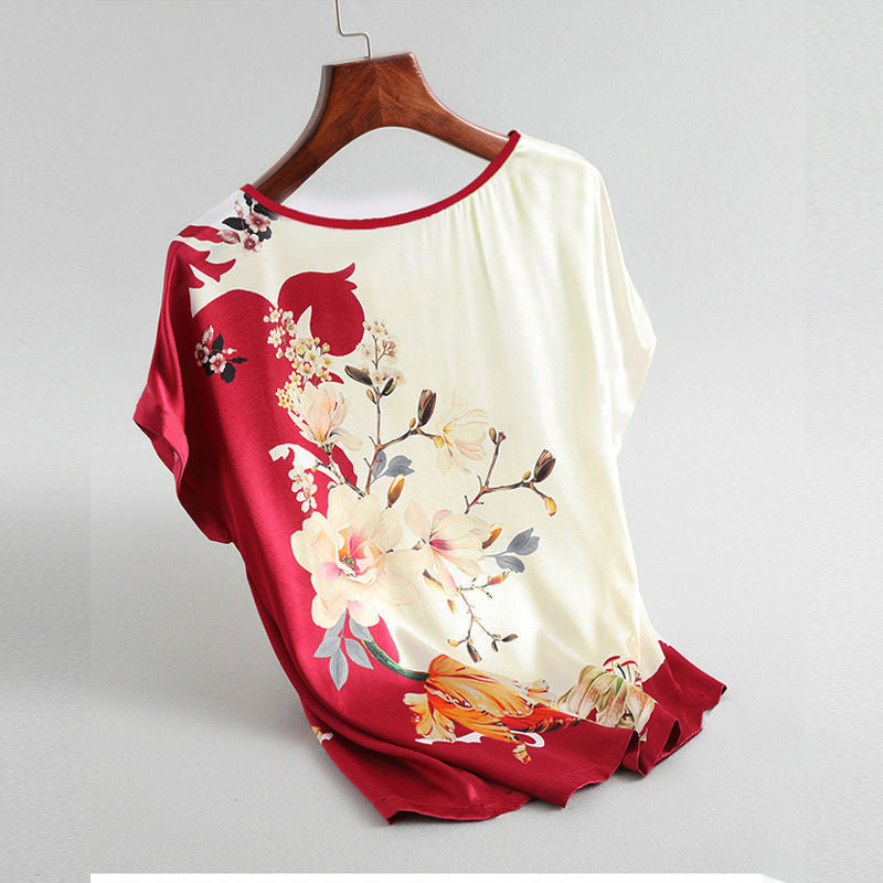Fashion Floral Print Shirt Silk Satin Plus Size Bat Sleeve Retro Casual Short-sleeved Top - cas7m