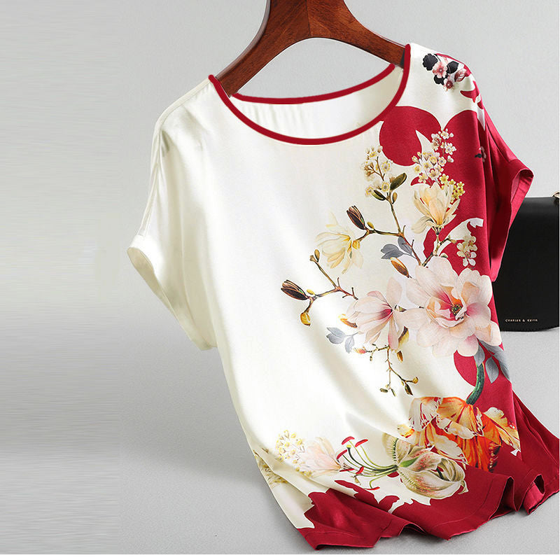 Fashion Floral Print Shirt Silk Satin Plus Size Bat Sleeve Retro Casual Short-sleeved Top - cas7m