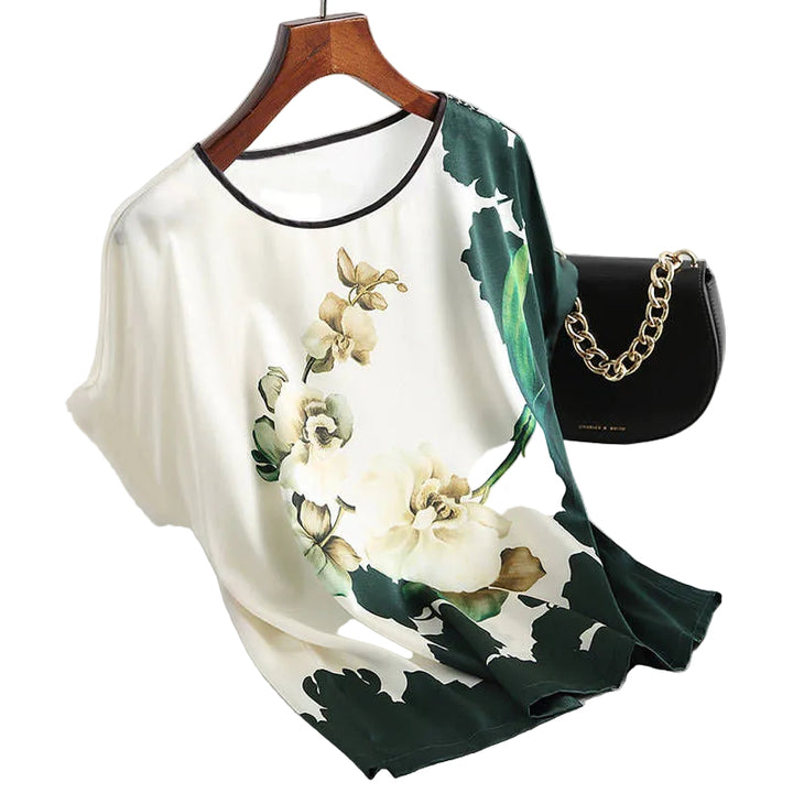Fashion Floral Print Shirt Silk Satin Plus Size Bat Sleeve Retro Casual Short-sleeved Top - cas7m