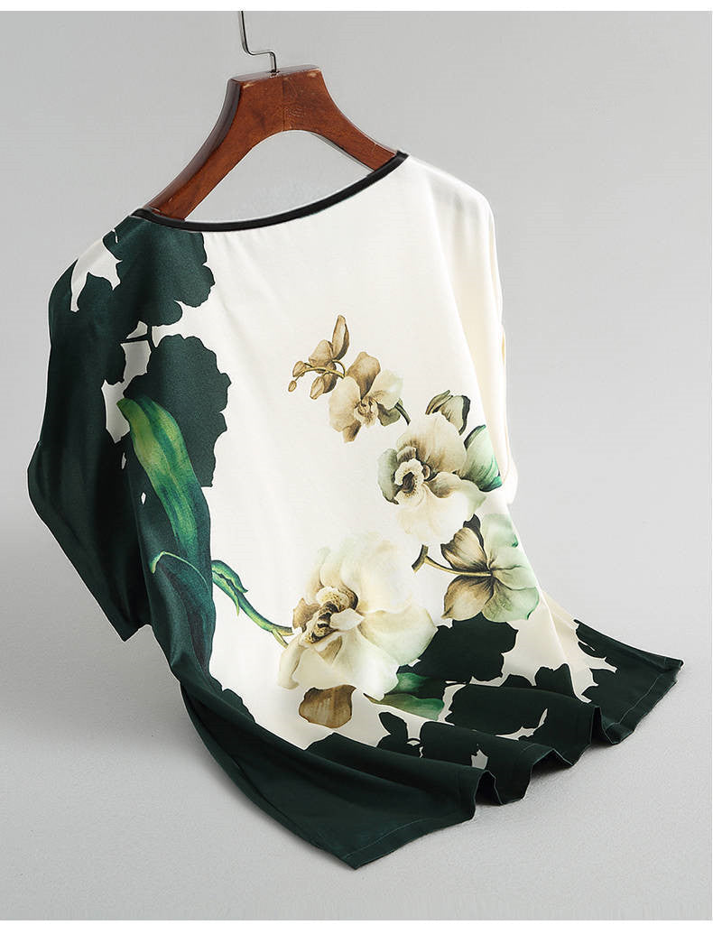 Fashion Floral Print Shirt Silk Satin Plus Size Bat Sleeve Retro Casual Short-sleeved Top - cas7m