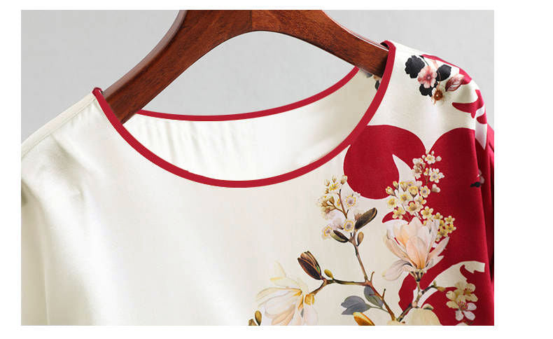 Fashion Floral Print Shirt Silk Satin Plus Size Bat Sleeve Retro Casual Short-sleeved Top - cas7m