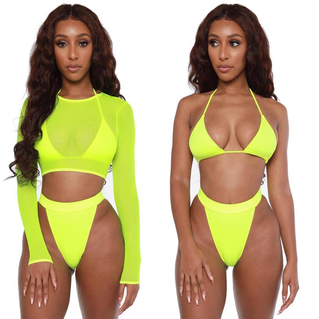 3 Piece Neon Green Bikini Swimsuit Women Sexy Long Sleeve Swimwear Women High Waist Bikini Set High Cut Bathing Suit - cas7m