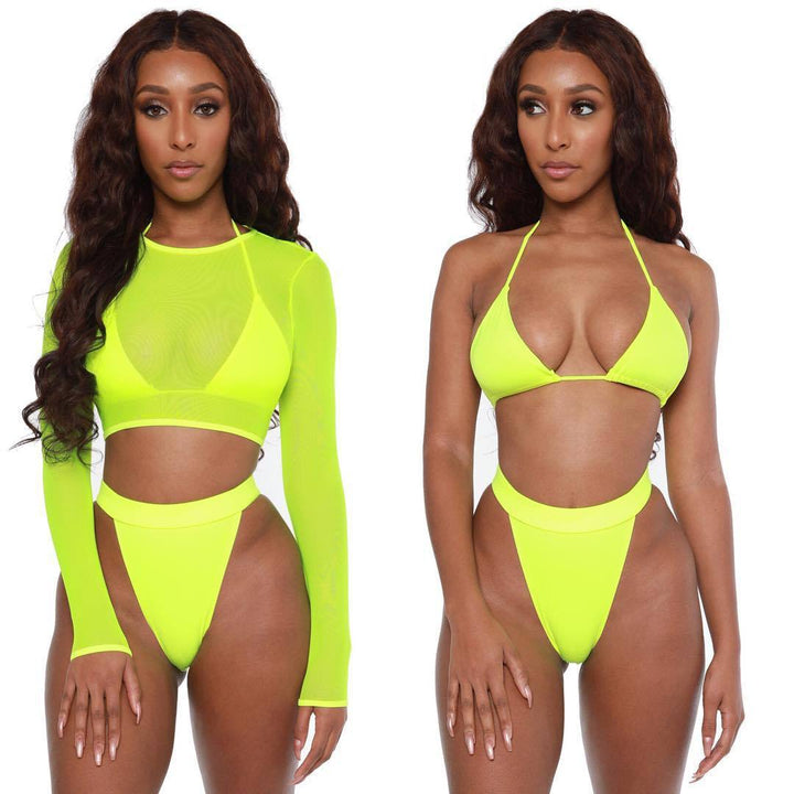 3 Piece Neon Green Bikini Swimsuit Women Sexy Long Sleeve Swimwear Women High Waist Bikini Set High Cut Bathing Suit - cas7m