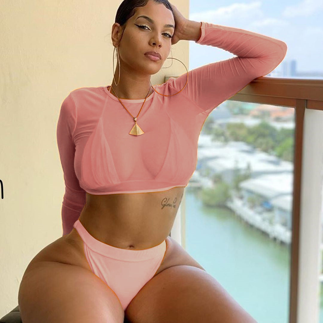 3 Piece Neon Green Bikini Swimsuit Women Sexy Long Sleeve Swimwear Women High Waist Bikini Set High Cut Bathing Suit - cas7m