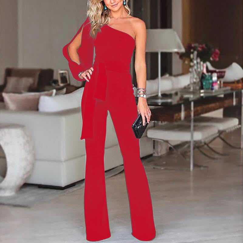 Ladies High Waist Slim One-Shoulder Jumpsuit - cas7m
