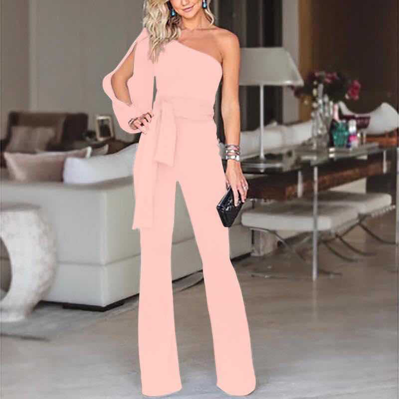 Ladies High Waist Slim One-Shoulder Jumpsuit - cas7m