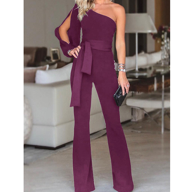 Ladies High Waist Slim One-Shoulder Jumpsuit - cas7m