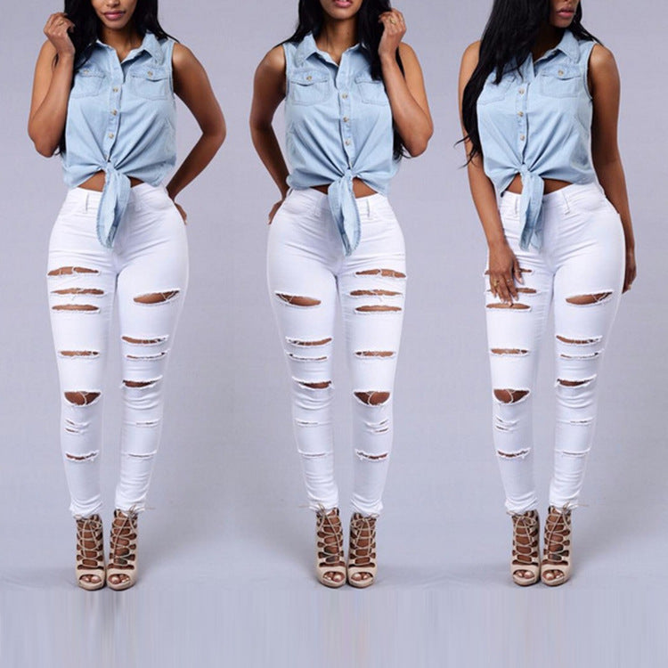 High Quality Women Casual Hole Jeans High Waist Skinny Pant Pencil Jeans Ripped Sexy Female Girls Trousers Denim Jeans - cas7m