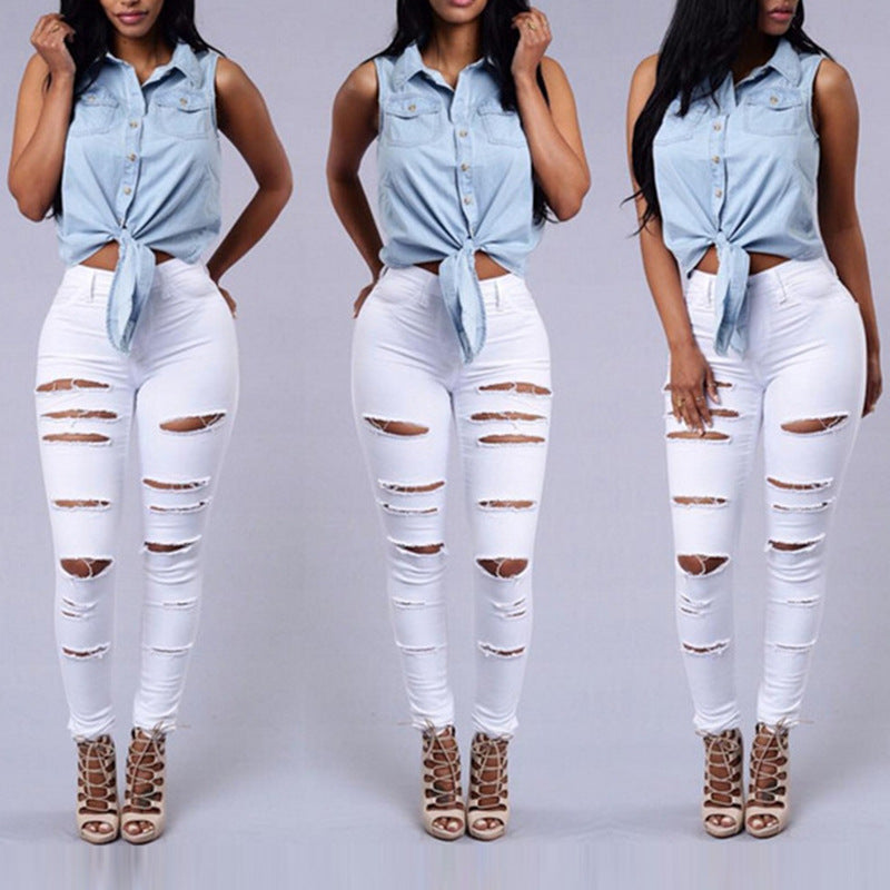 High Quality Women Casual Hole Jeans High Waist Skinny Pant Pencil Jeans Ripped Sexy Female Girls Trousers Denim Jeans - cas7m
