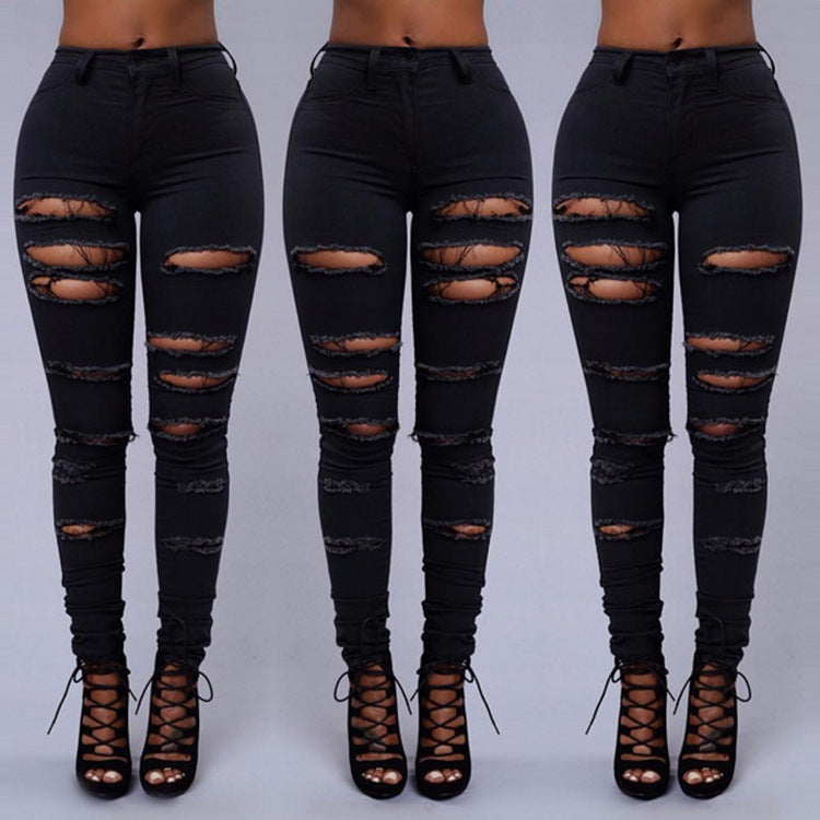 High Quality Women Casual Hole Jeans High Waist Skinny Pant Pencil Jeans Ripped Sexy Female Girls Trousers Denim Jeans - cas7m