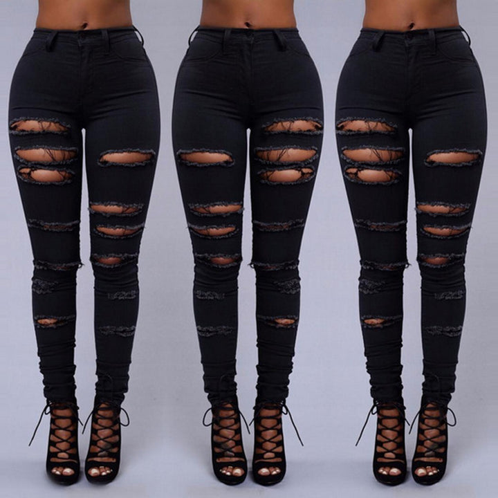 High Quality Women Casual Hole Jeans High Waist Skinny Pant Pencil Jeans Ripped Sexy Female Girls Trousers Denim Jeans - cas7m