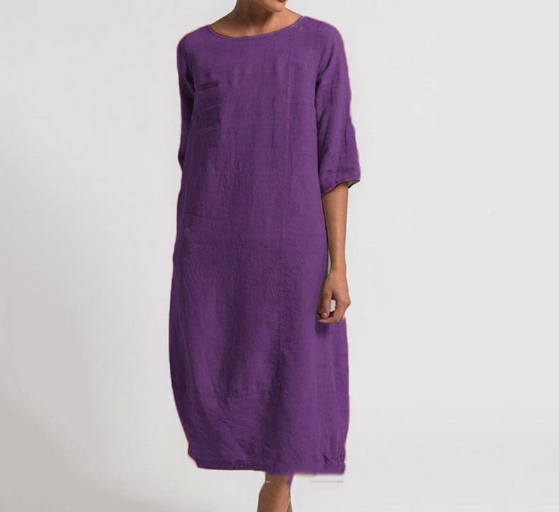 Plus Size Women's Cotton And Linen Round Neck Long Sleeve Dress - cas7m