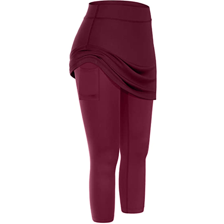 Women Tennis Skirted Leggings Pockets Elastic Sports Yoga Capris Skirts Legging - cas7m