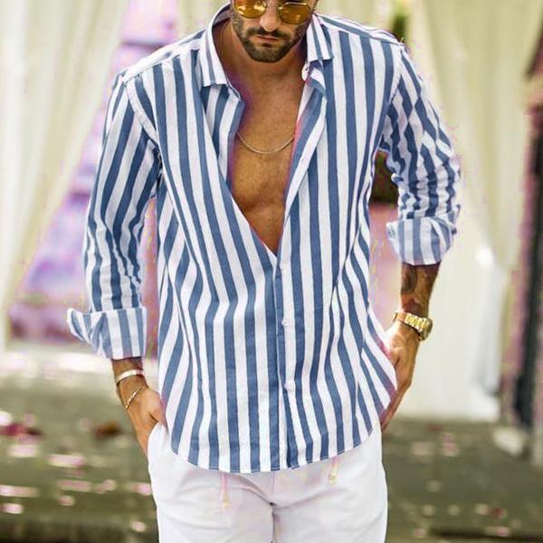 Striped Long-sleeved Casual Men's Shirt - cas7m