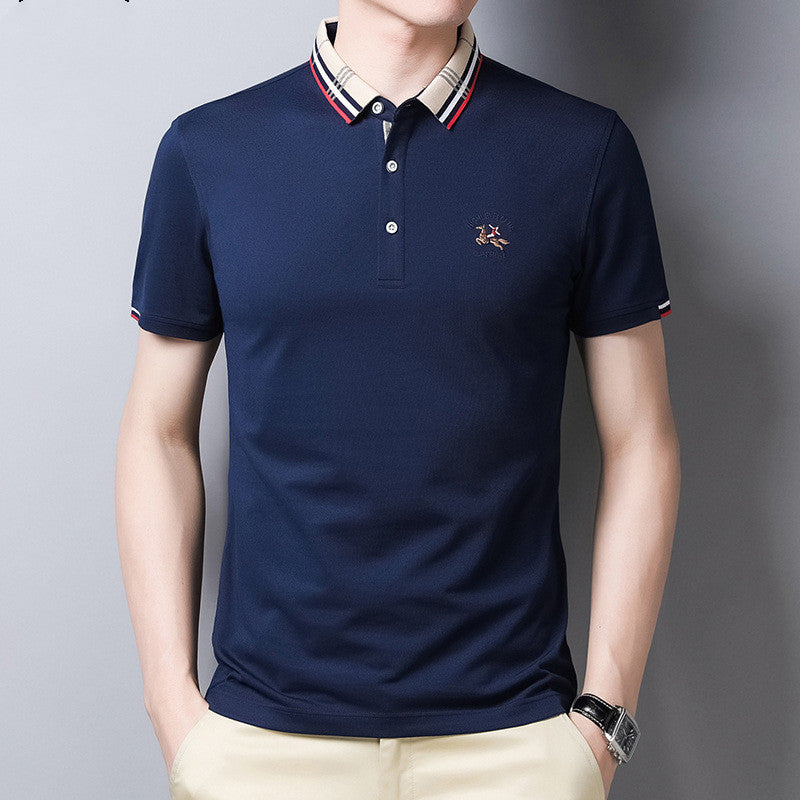 Lapel T-shirt Casual Solid Loose Embroidery Short Sleeve - cas7m