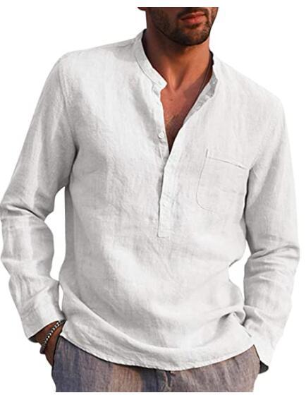 Men's Long Sleeved V Neck Casual Beach Linen Shirt For Men - cas7m
