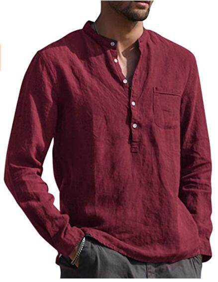 Men's Long Sleeved V Neck Casual Beach Linen Shirt For Men - cas7m