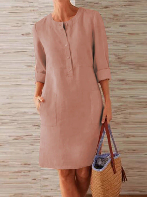 Plus Size Women's Cotton And Linen Round Neck Long Sleeve Dress - cas7m