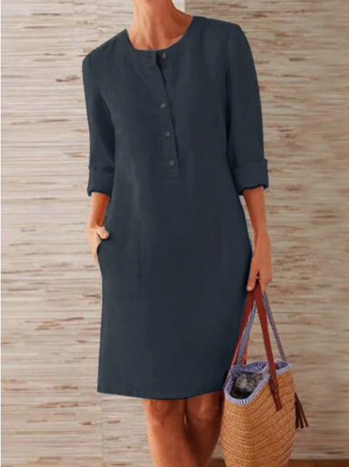 Plus Size Women's Cotton And Linen Round Neck Long Sleeve Dress - cas7m