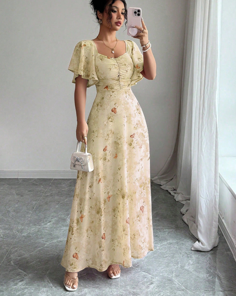 Flowers Printed Lotus Sleeve Dress Summer Elegant Slim Dresses Women's Clothing - cas7m