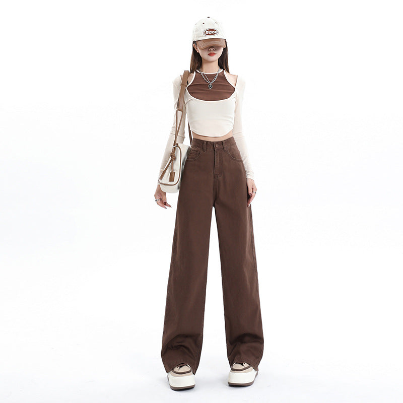 Retro Brown High Waist Straight Pants Women's Wide Leg Mop Pants - cas7m