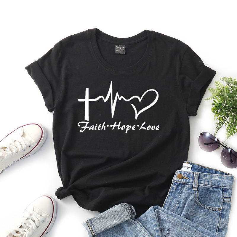Faith Hope Love Letter Short-sleeved Cotton Bottoming Shirt - cas7m
