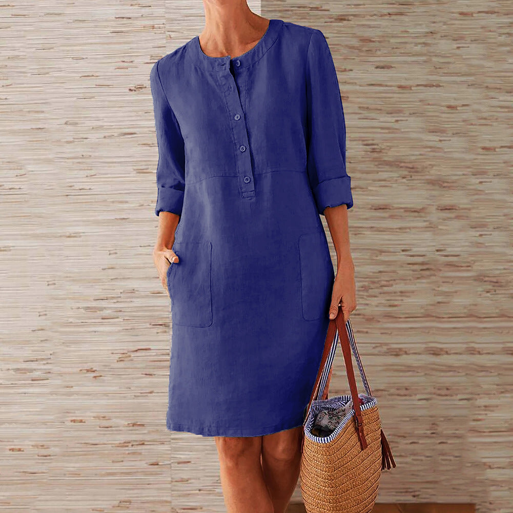 Plus Size Women's Cotton And Linen Round Neck Long Sleeve Dress - cas7m