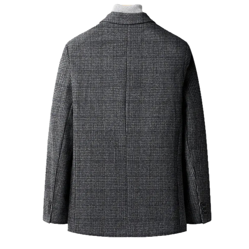 A dark gray and black micro-check patterned blazer shown from the back, displayed on a mannequin torso against a plain white background.