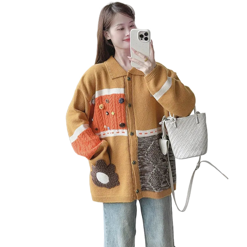 Color blocking jacquard loose collar sweater