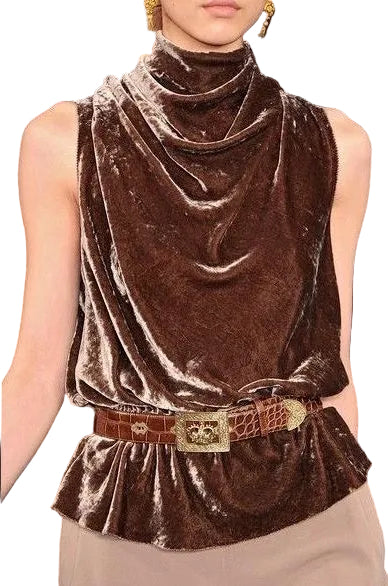 Caramel Brown Velvet Slouchy Collar Sleeveless Top - cas7m