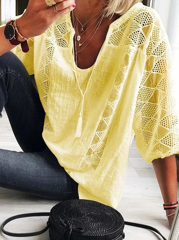 Lace Stitching U-neck 3 4 Sleeve T-shirt - cas7m