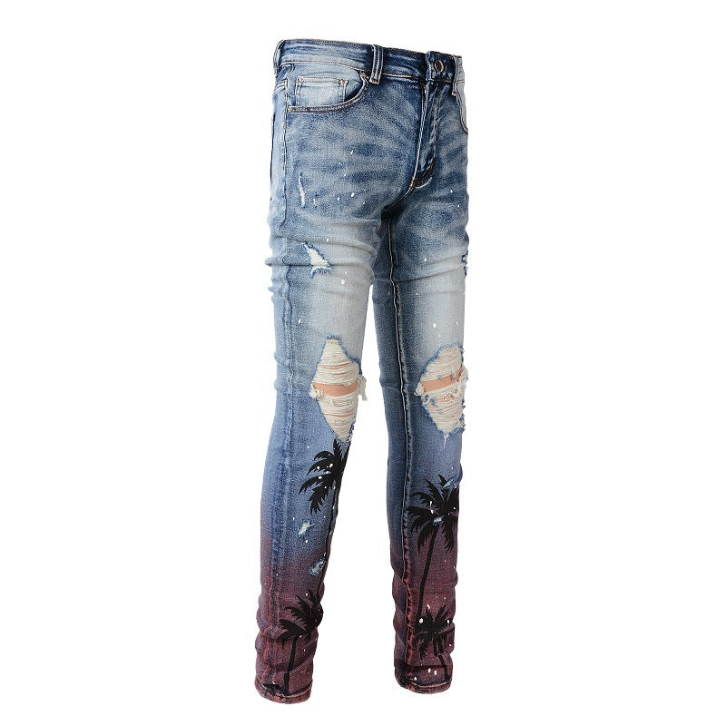Men's Paint-splashing Style Graffiti Ripped Jeans - cas7m