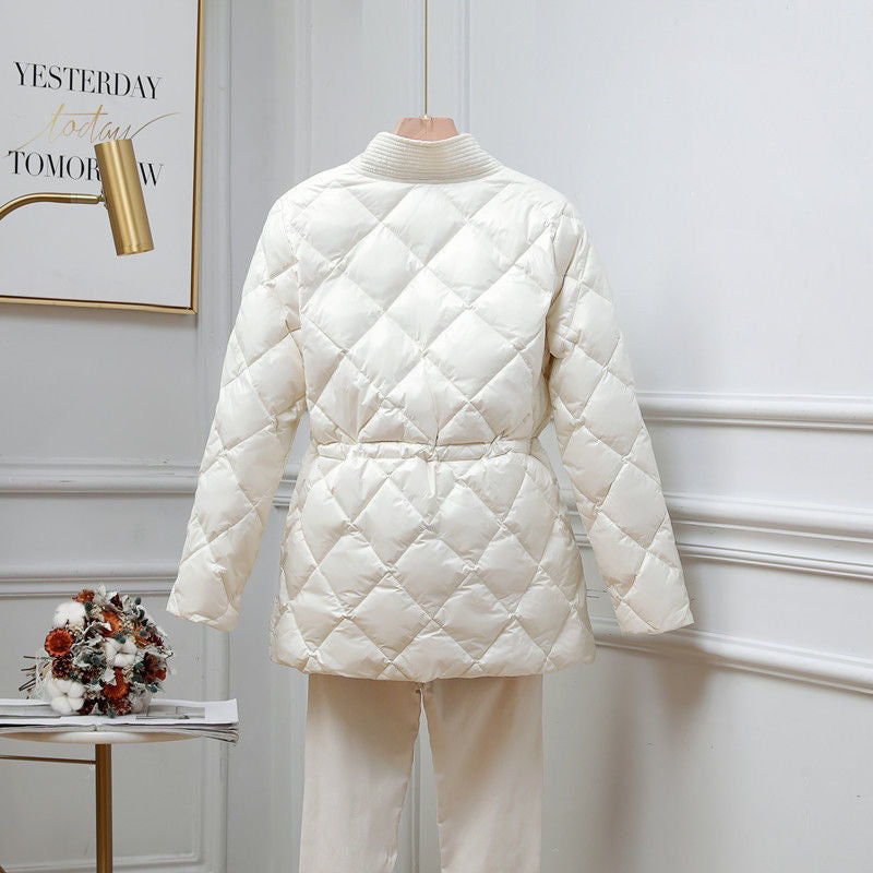 Rhombus Cotton-padded Jacket Women's Mid-length Large V-neck Jacket - cas7m