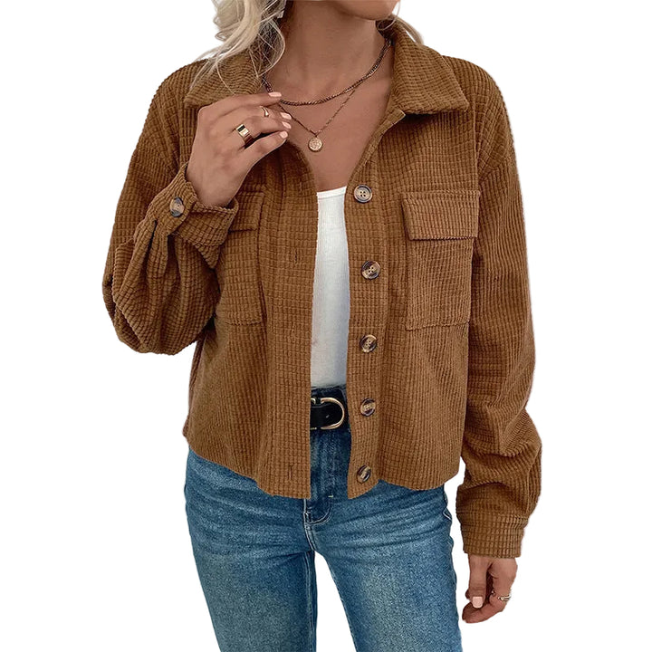 Autumn And Winter Corduroy Polo Collar Jacket Vintage Brown Pocket Coat Women - cas7m