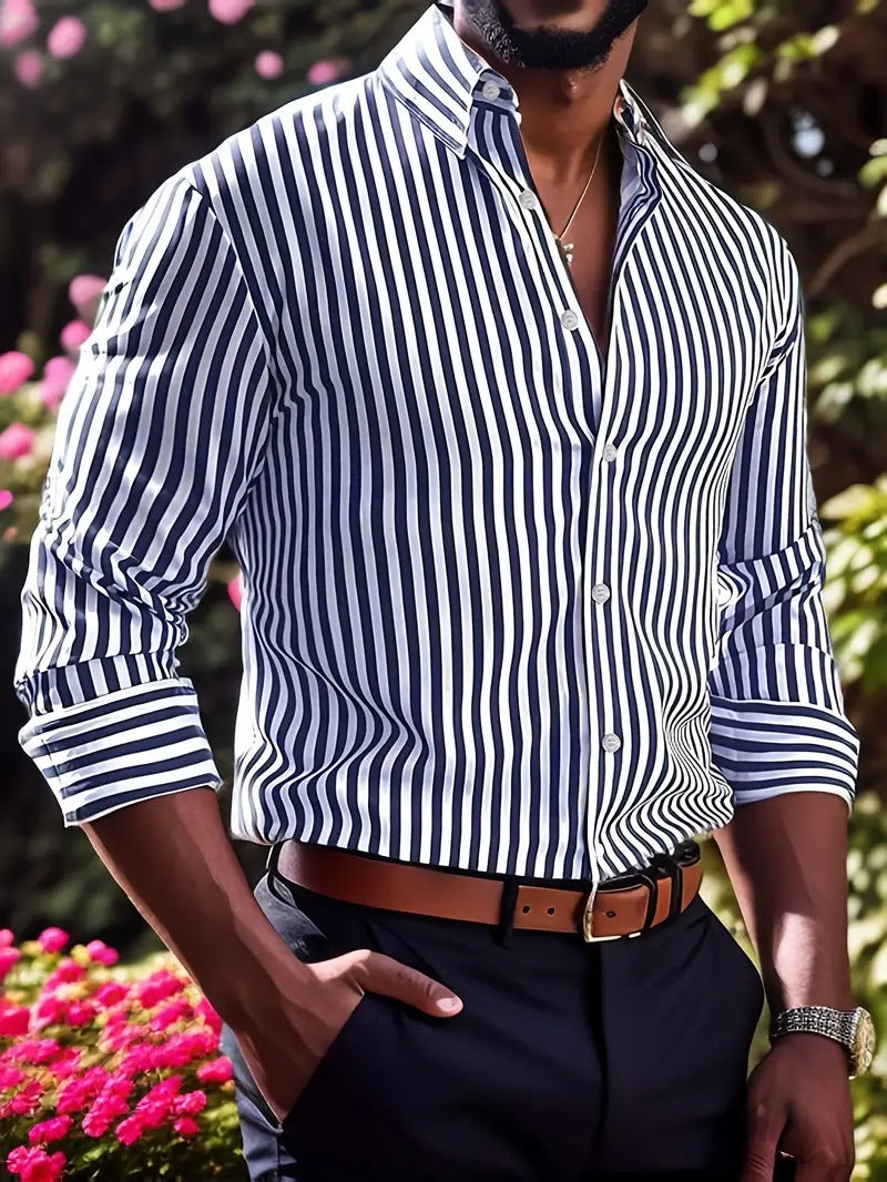Ins Stripe Printed Long Sleeve Shirt Men Fashion Casual Lapel Button Top Clothing - cas7m