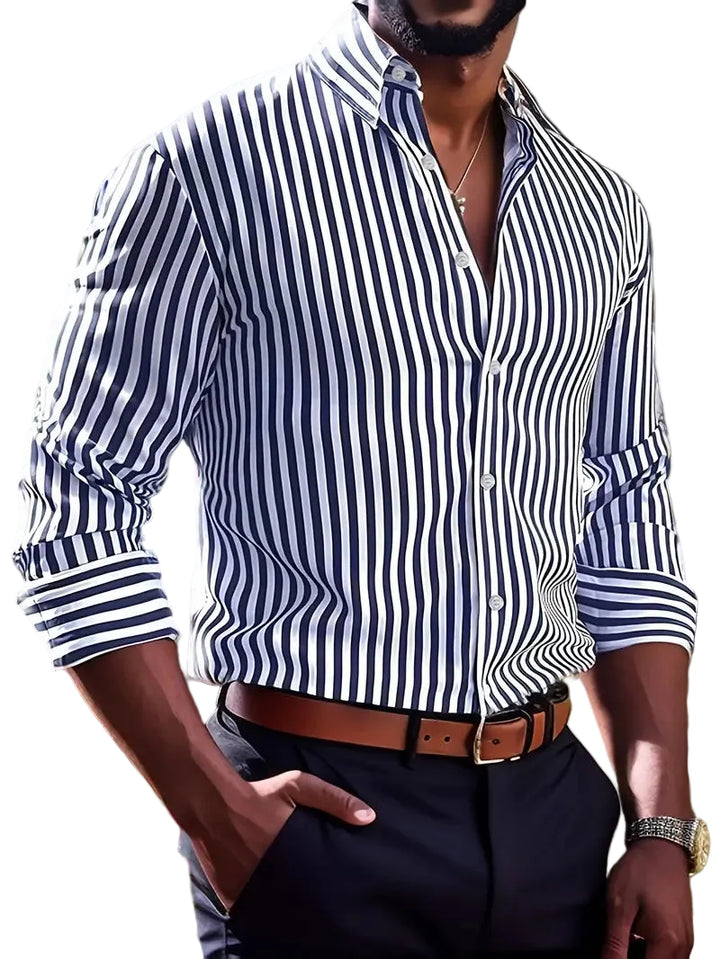 Ins Stripe Printed Long Sleeve Shirt Men Fashion Casual Lapel Button Top Clothing - cas7m