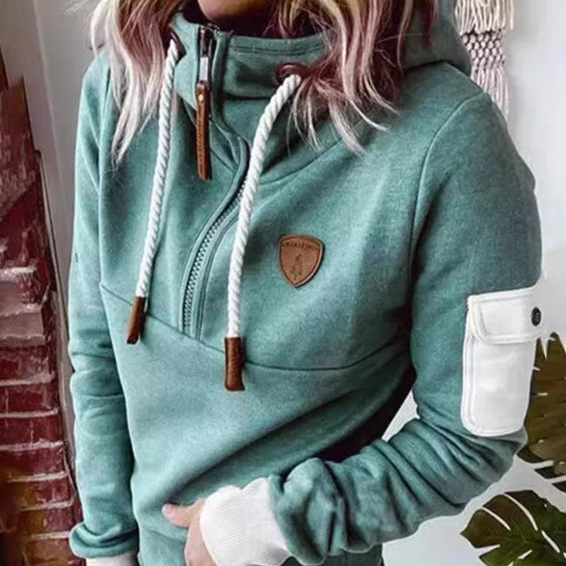 Half Zipper Patchwork Sweater Women - cas7m