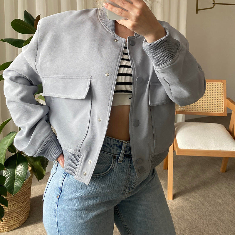 Fashion Button Stand-collar Jacket With Big Pockets Casual Loose Short Outwear Tops Coat For Women Clothing - cas7m