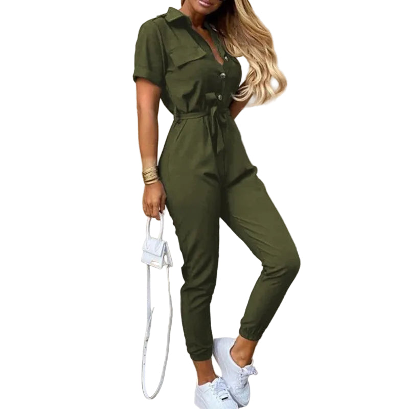 Printed Belt Work Overalls Short Sleeves - cas7m