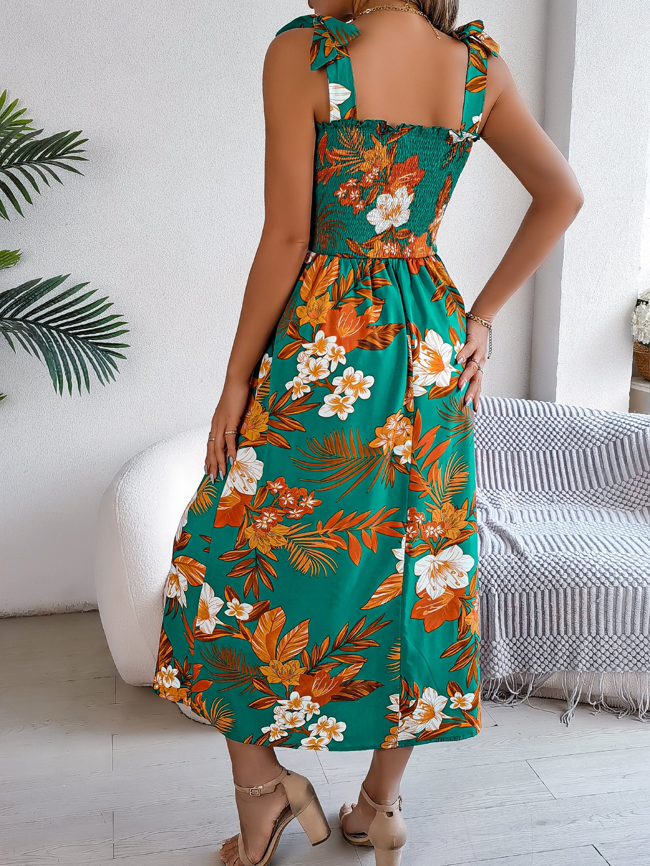 Flowers Print Suspender Corset Dress Ins Fashion Holiday Beach Long Dresses Summer Clothing For Women - cas7m