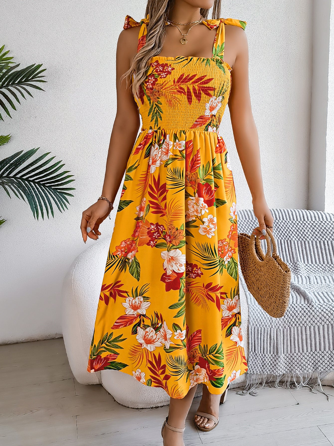 Flowers Print Suspender Corset Dress Ins Fashion Holiday Beach Long Dresses Summer Clothing For Women - cas7m